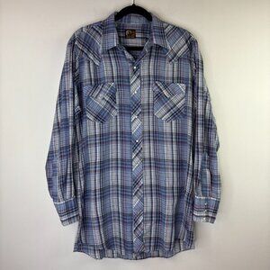 Open Range Mens Large Long Sleeve Cowboy Pearl Snap Button Down Blue Vintage